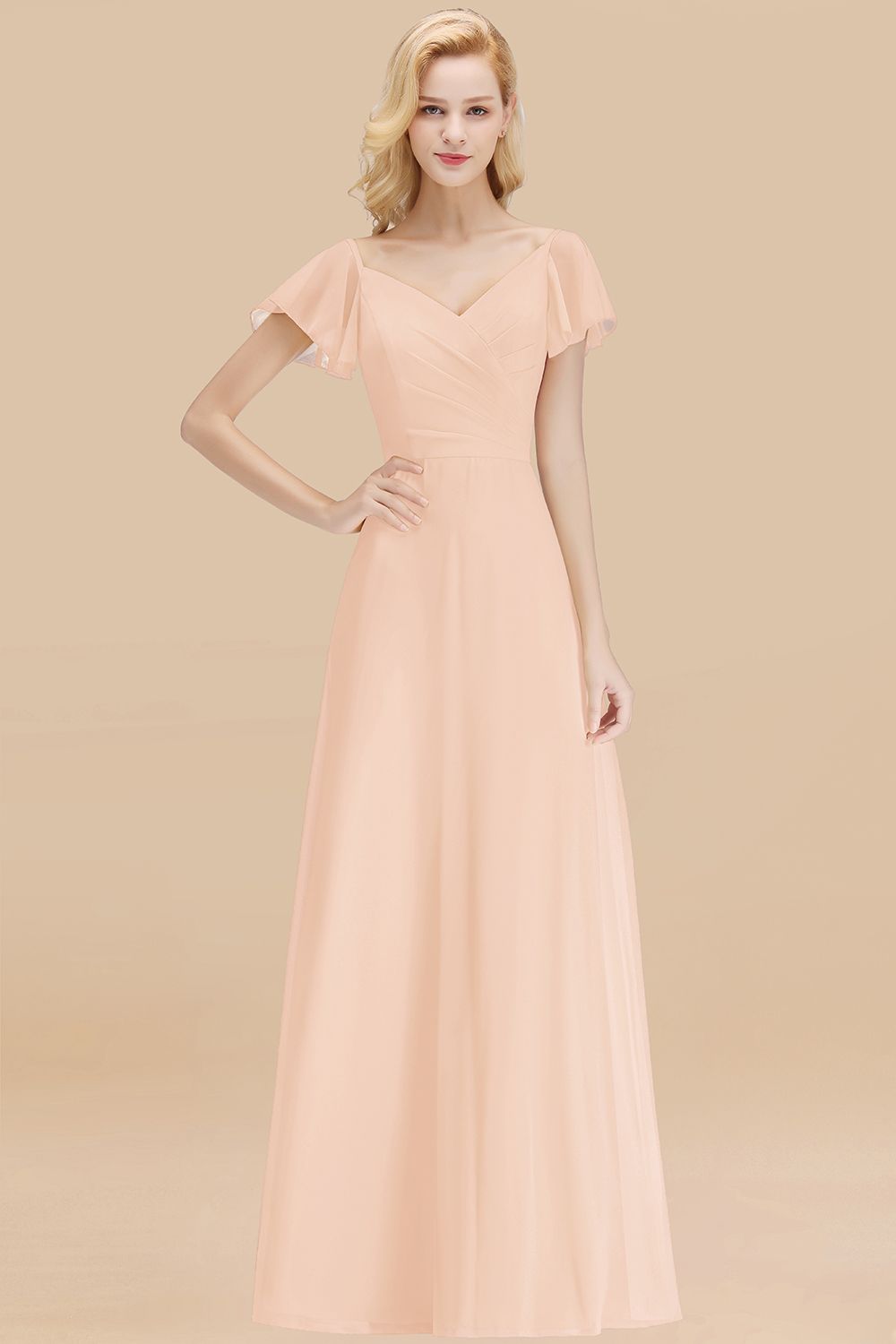 Elegent Short-Sleeve Long Bridesmaid Dress Online Yellow Chiffon Wedding Party Dress-Babyonlines