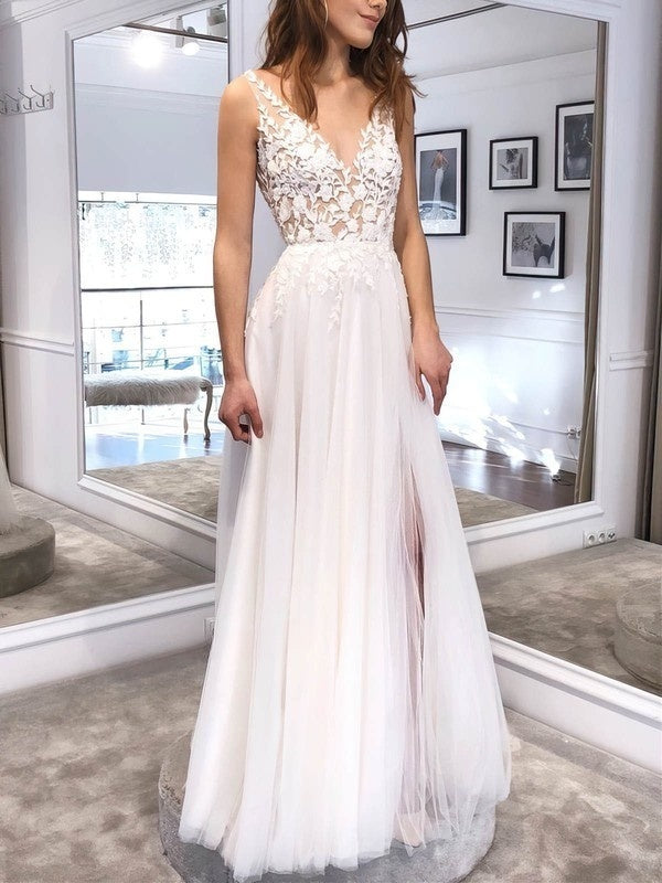 Floor-length V-neck Tulle Ball Gown Wedding Dress With Split Front
