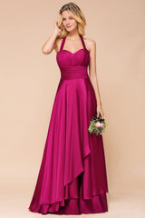 Fuchsia Halter Chiffon Bridesmaid Dresses Long Online-Babyonlines