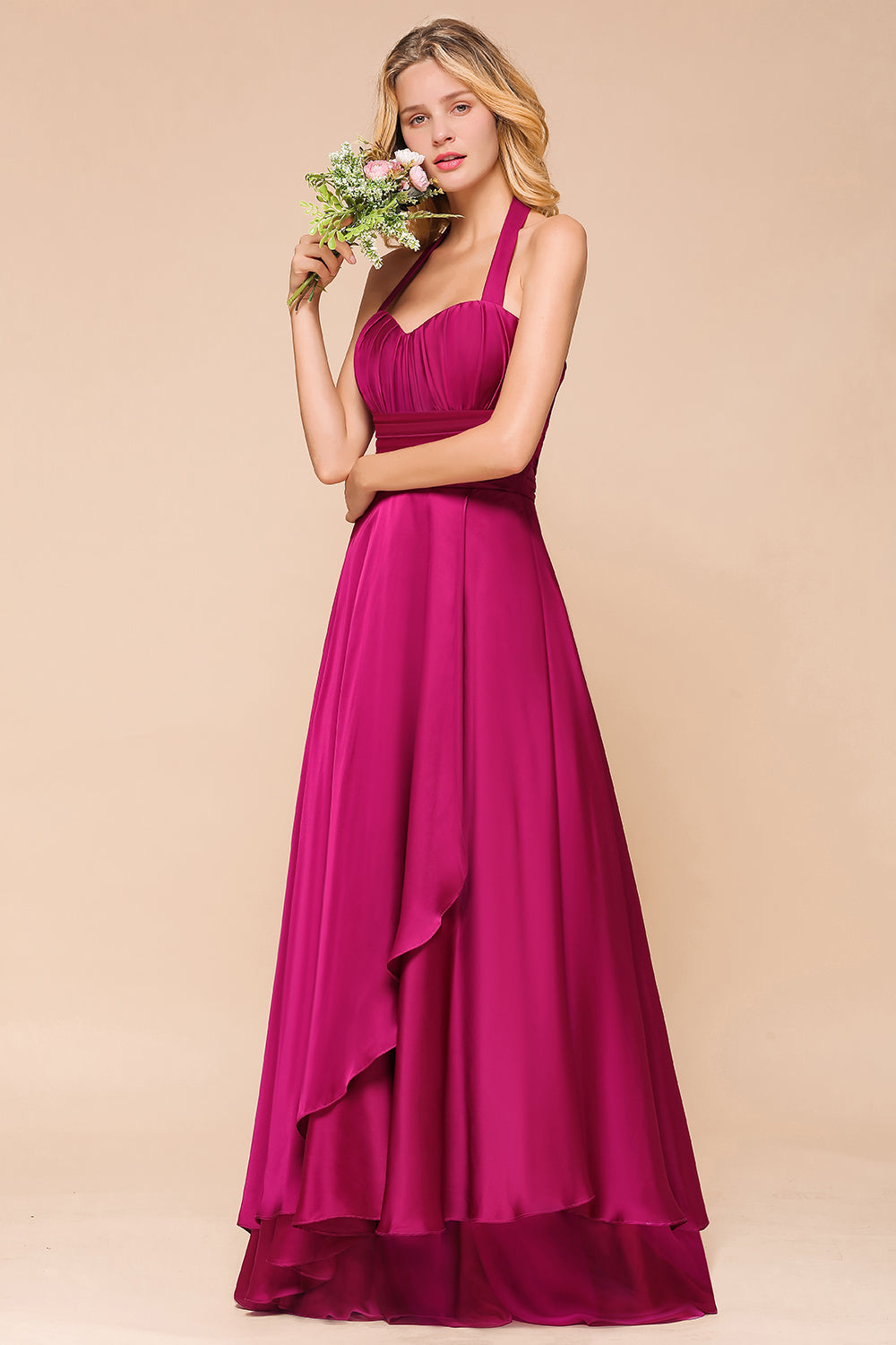 Fuchsia Halter Chiffon Bridesmaid Dresses Long Online-Babyonlines