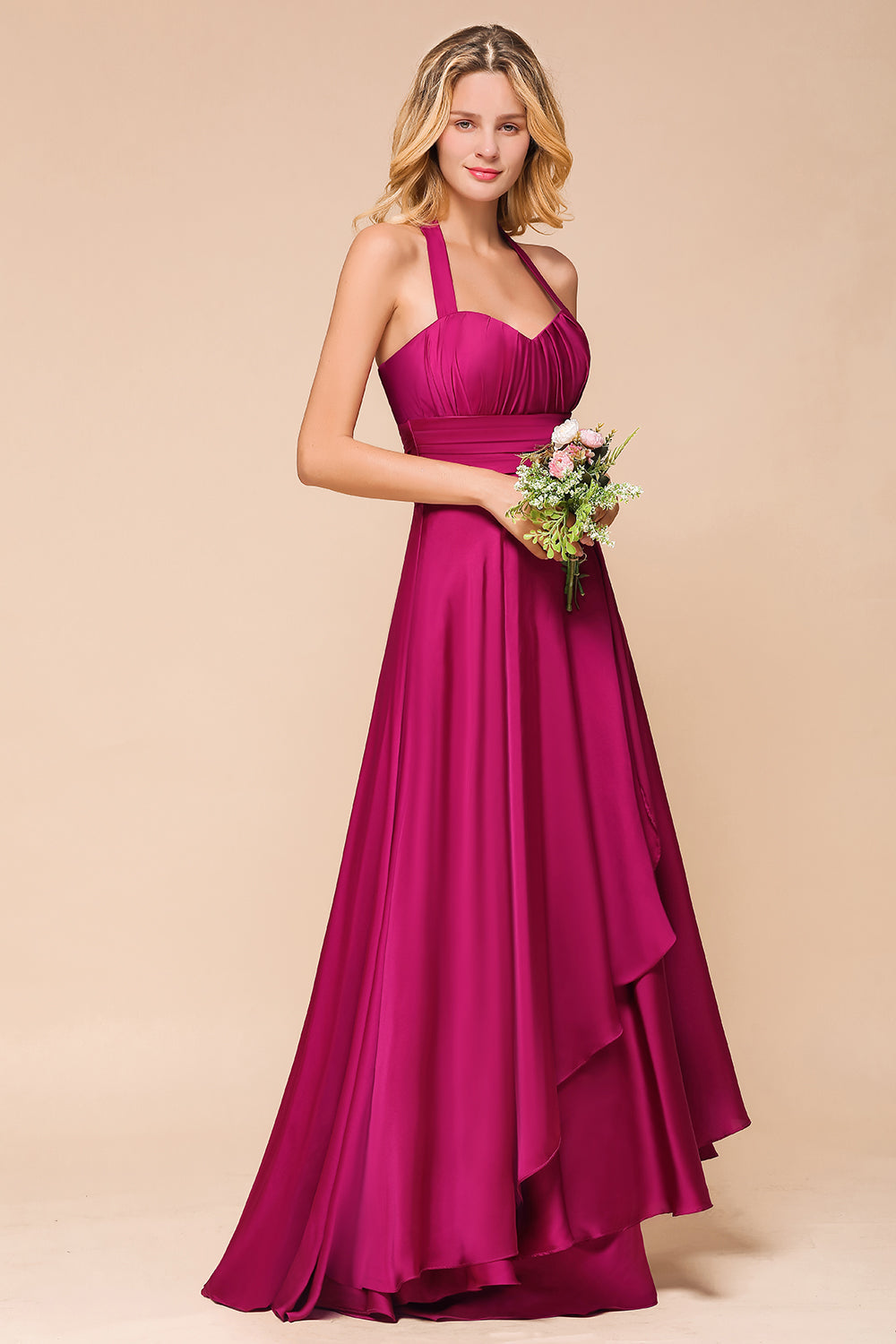 Fuchsia Halter Chiffon Bridesmaid Dresses Long Online-Babyonlines