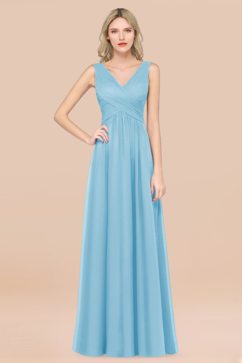 Glamorous Chiffon V-Neck Sleeveless Burgundy Bridesmaid Dress with Draped Back-Babyonlines
