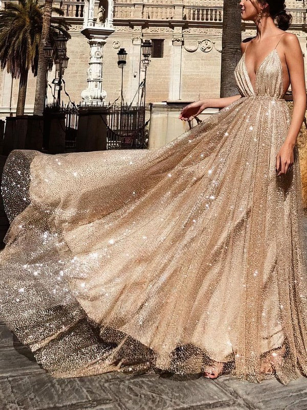 Glimmer in A-line Sweep Train V-neck Prom Dresses