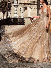 Glimmer in A-line Sweep Train V-neck Prom Dresses