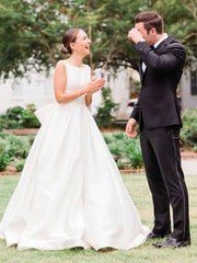 Gorgeous Ball Gown Scoop Neck Satin Court Train Wedding Dress With Bow