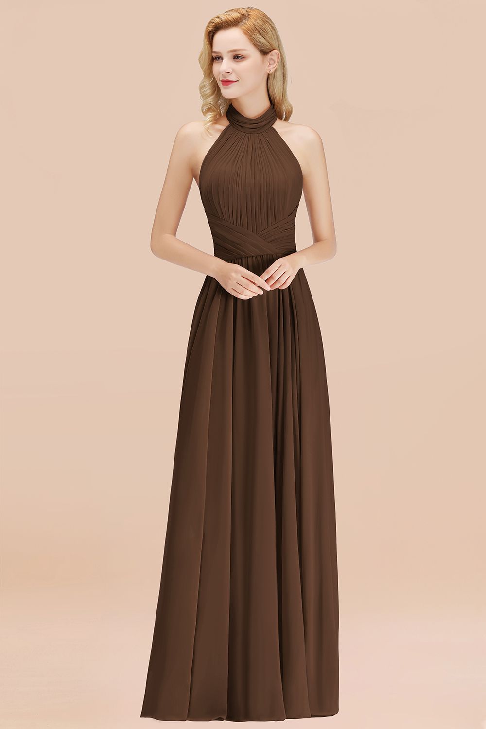 Gorgeous High-Neck Halter Backless Bridesmaid Dress Dusty Rose Chiffon Maid of Honor Dress-Babyonlines