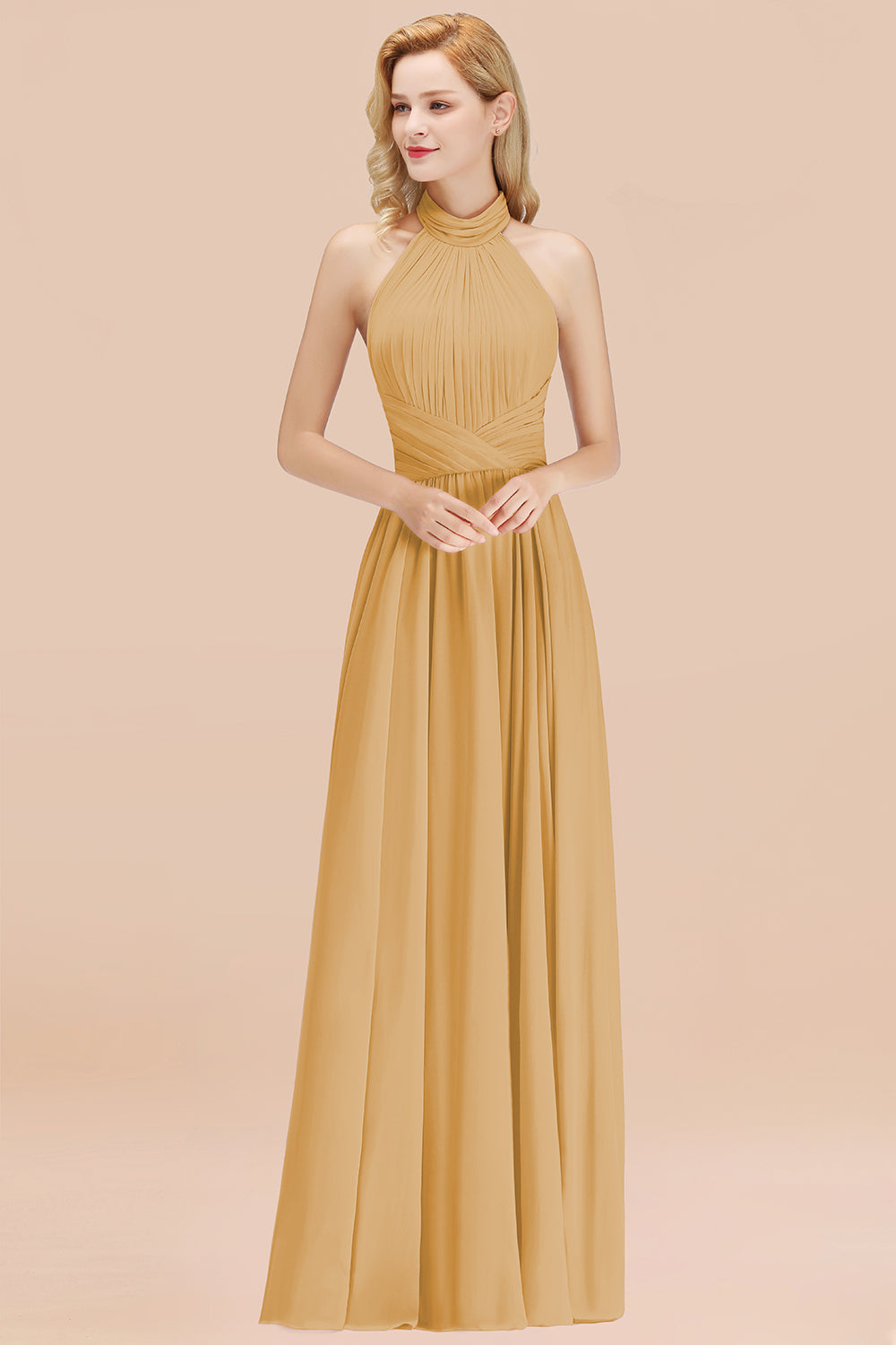Gorgeous High-Neck Halter Backless Bridesmaid Dress Dusty Rose Chiffon Maid of Honor Dress-Babyonlines