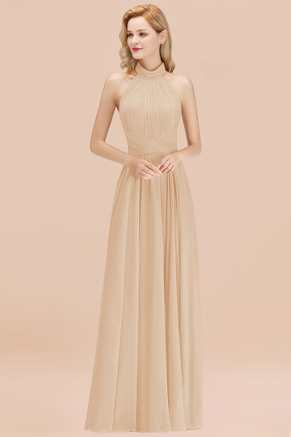 Gorgeous High-Neck Halter Backless Bridesmaid Dress Dusty Rose Chiffon Maid of Honor Dress-Babyonlines