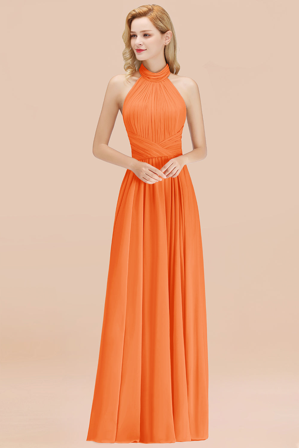 Gorgeous High-Neck Halter Backless Bridesmaid Dress Dusty Rose Chiffon Maid of Honor Dress-Babyonlines