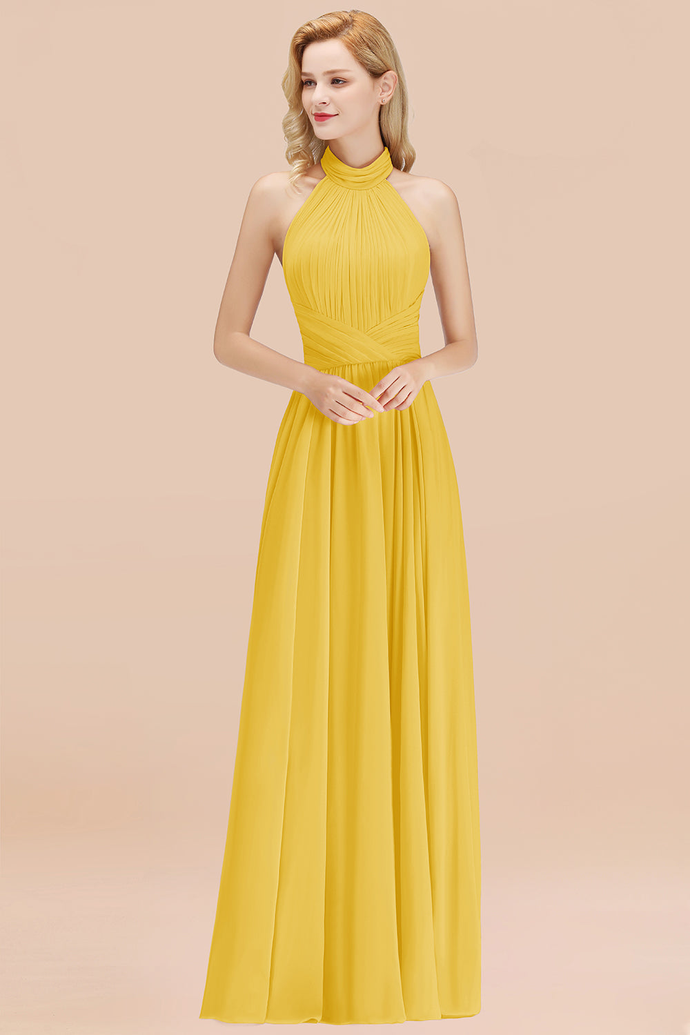 Gorgeous High-Neck Halter Backless Bridesmaid Dress Dusty Rose Chiffon Maid of Honor Dress-Babyonlines