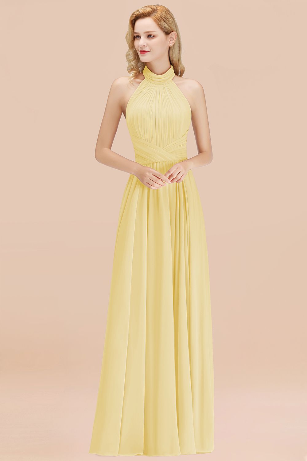 Gorgeous High-Neck Halter Backless Bridesmaid Dress Dusty Rose Chiffon Maid of Honor Dress-Babyonlines
