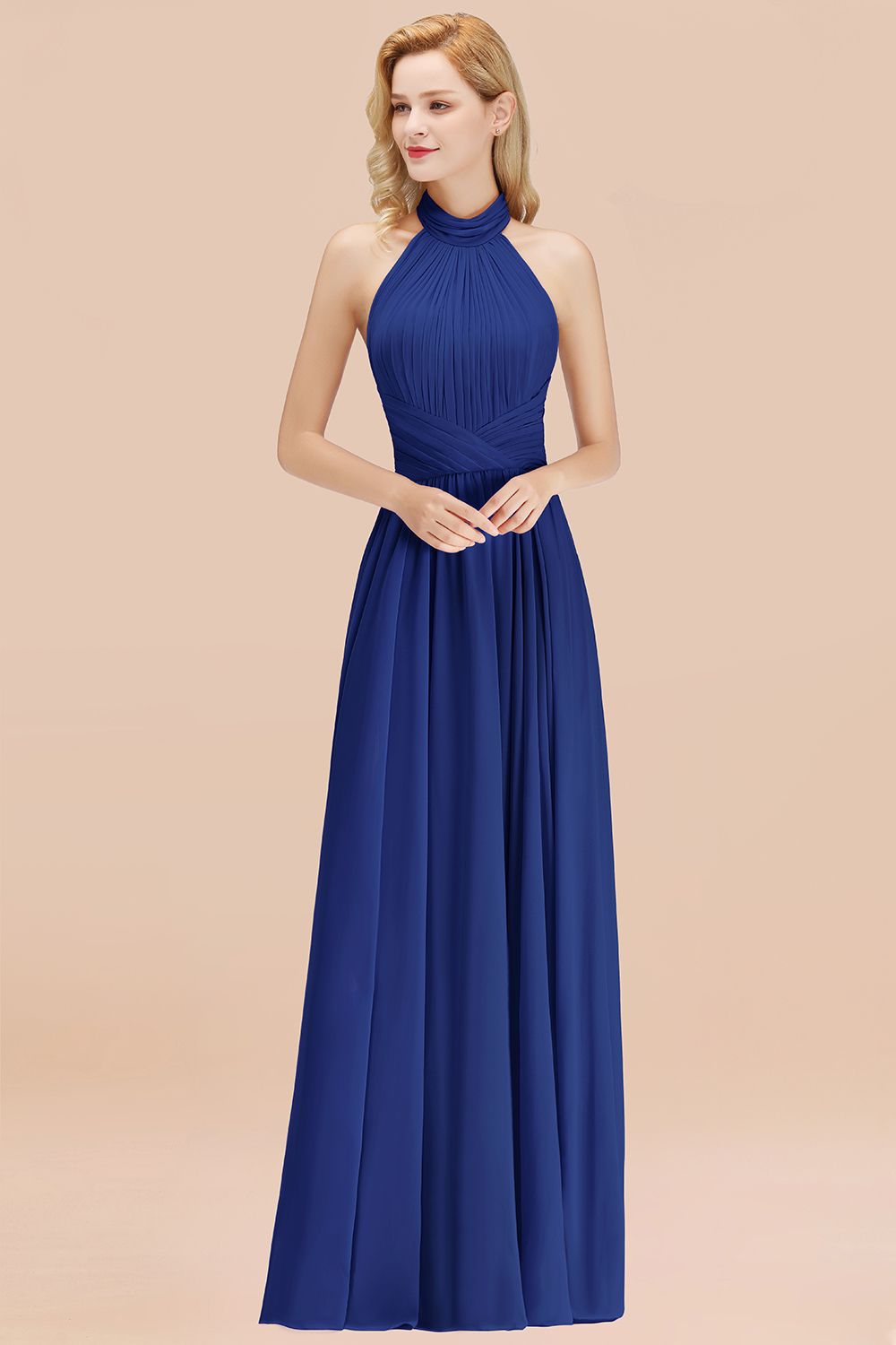Gorgeous High-Neck Halter Backless Bridesmaid Dress Dusty Rose Chiffon Maid of Honor Dress-Babyonlines