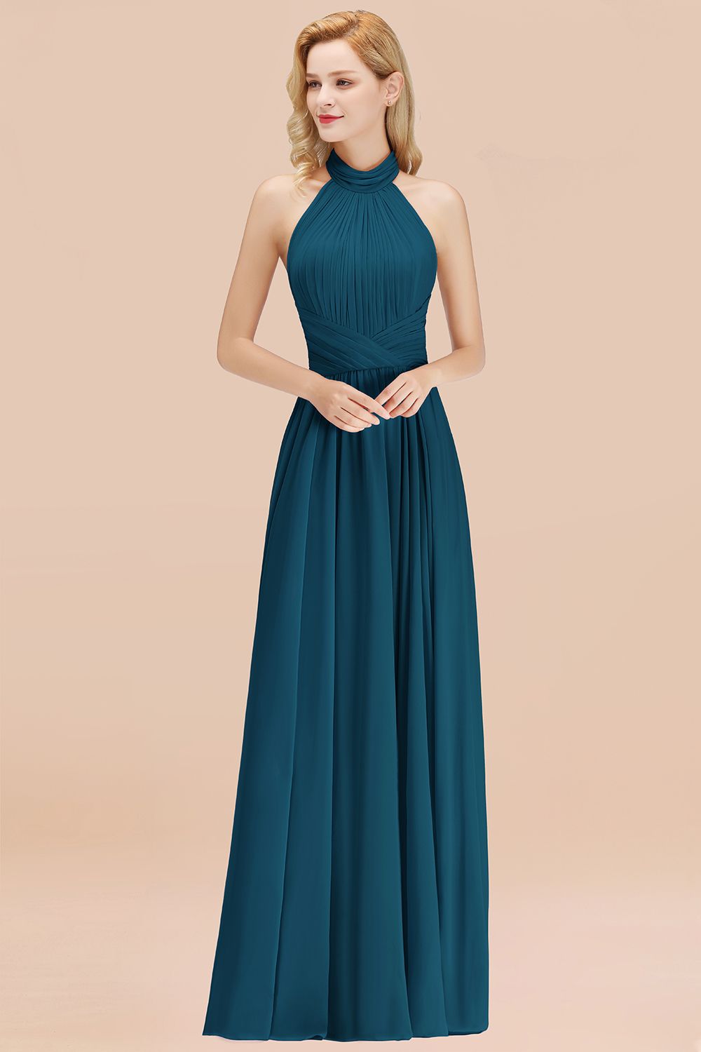 Gorgeous High-Neck Halter Backless Bridesmaid Dress Dusty Rose Chiffon Maid of Honor Dress-Babyonlines