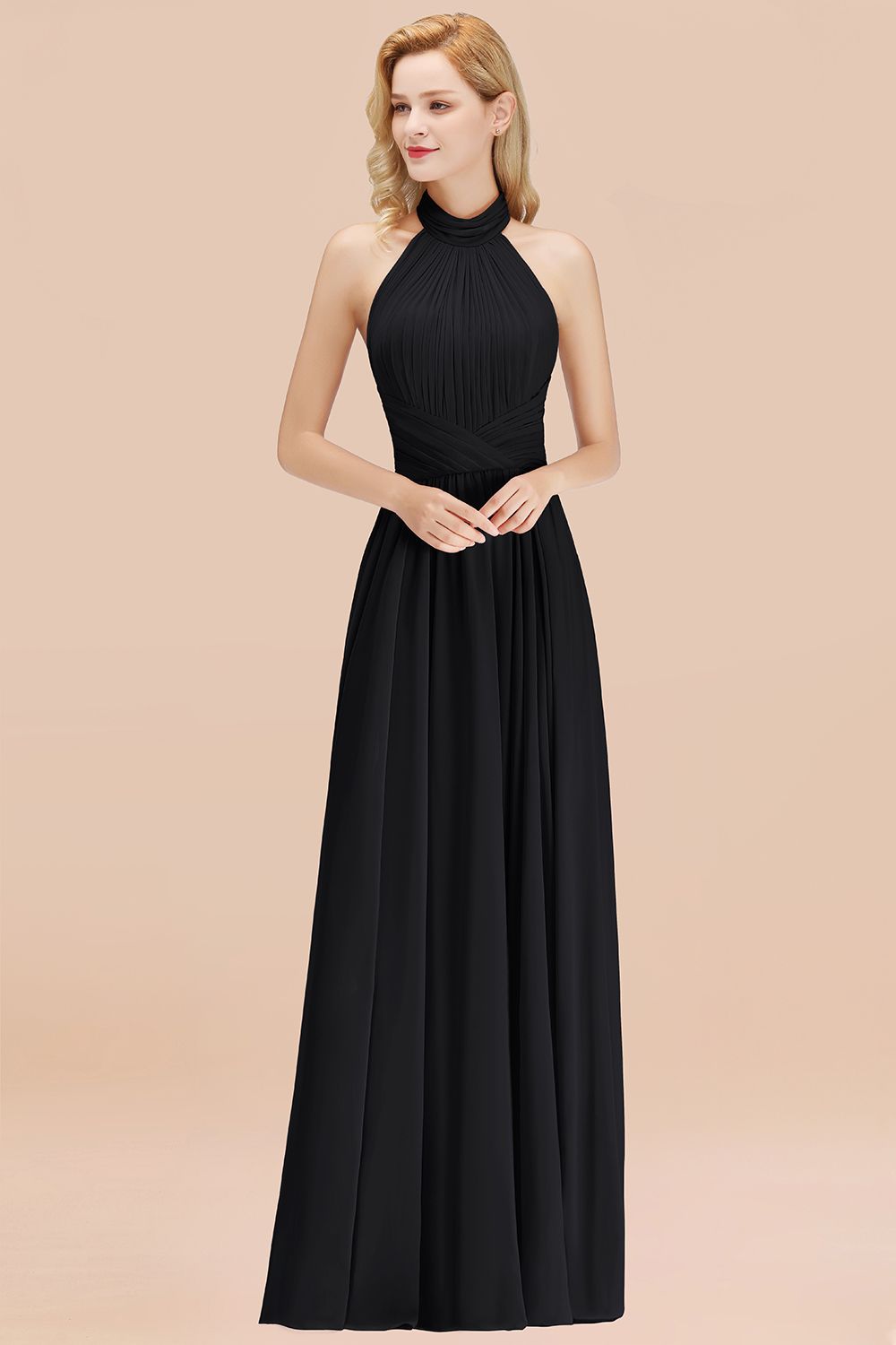 Gorgeous High-Neck Halter Backless Bridesmaid Dress Dusty Rose Chiffon Maid of Honor Dress-Babyonlines