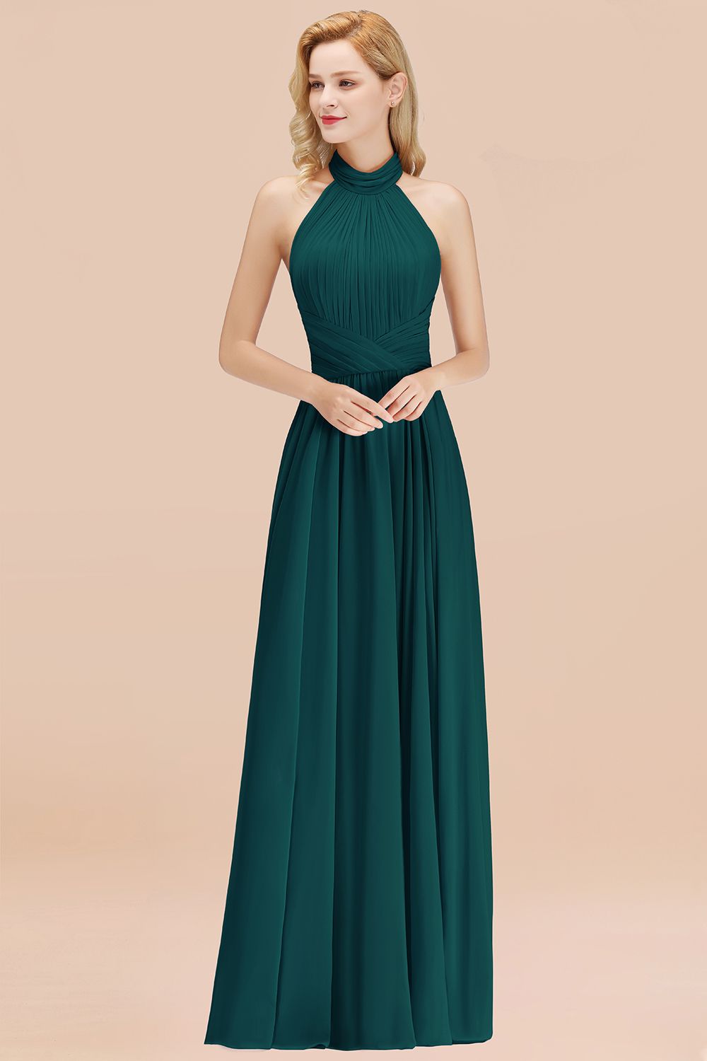 Gorgeous High-Neck Halter Backless Bridesmaid Dress Dusty Rose Chiffon Maid of Honor Dress-Babyonlines