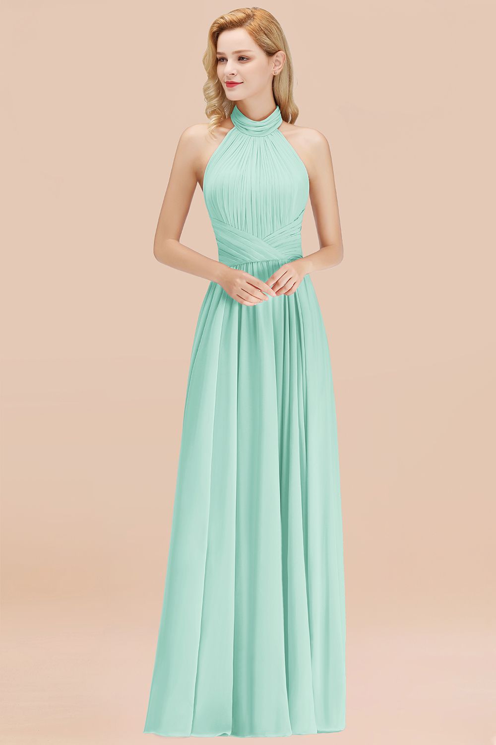 Gorgeous High-Neck Halter Backless Bridesmaid Dress Dusty Rose Chiffon Maid of Honor Dress-Babyonlines