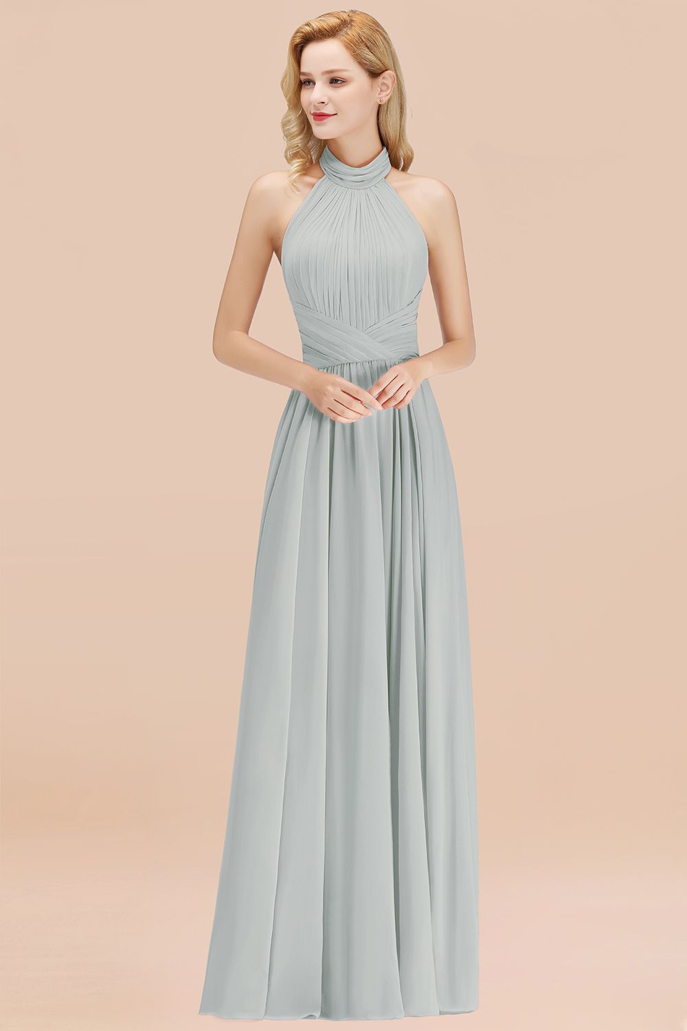Gorgeous High-Neck Halter Backless Bridesmaid Dress Dusty Rose Chiffon Maid of Honor Dress-Babyonlines