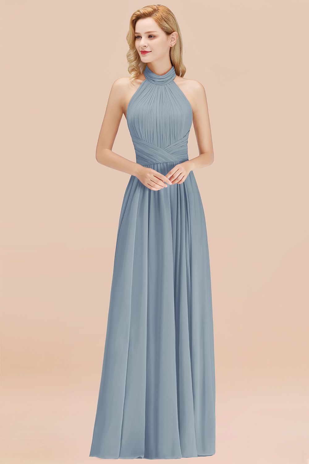 Gorgeous High-Neck Halter Backless Bridesmaid Dress Dusty Rose Chiffon Maid of Honor Dress-Babyonlines