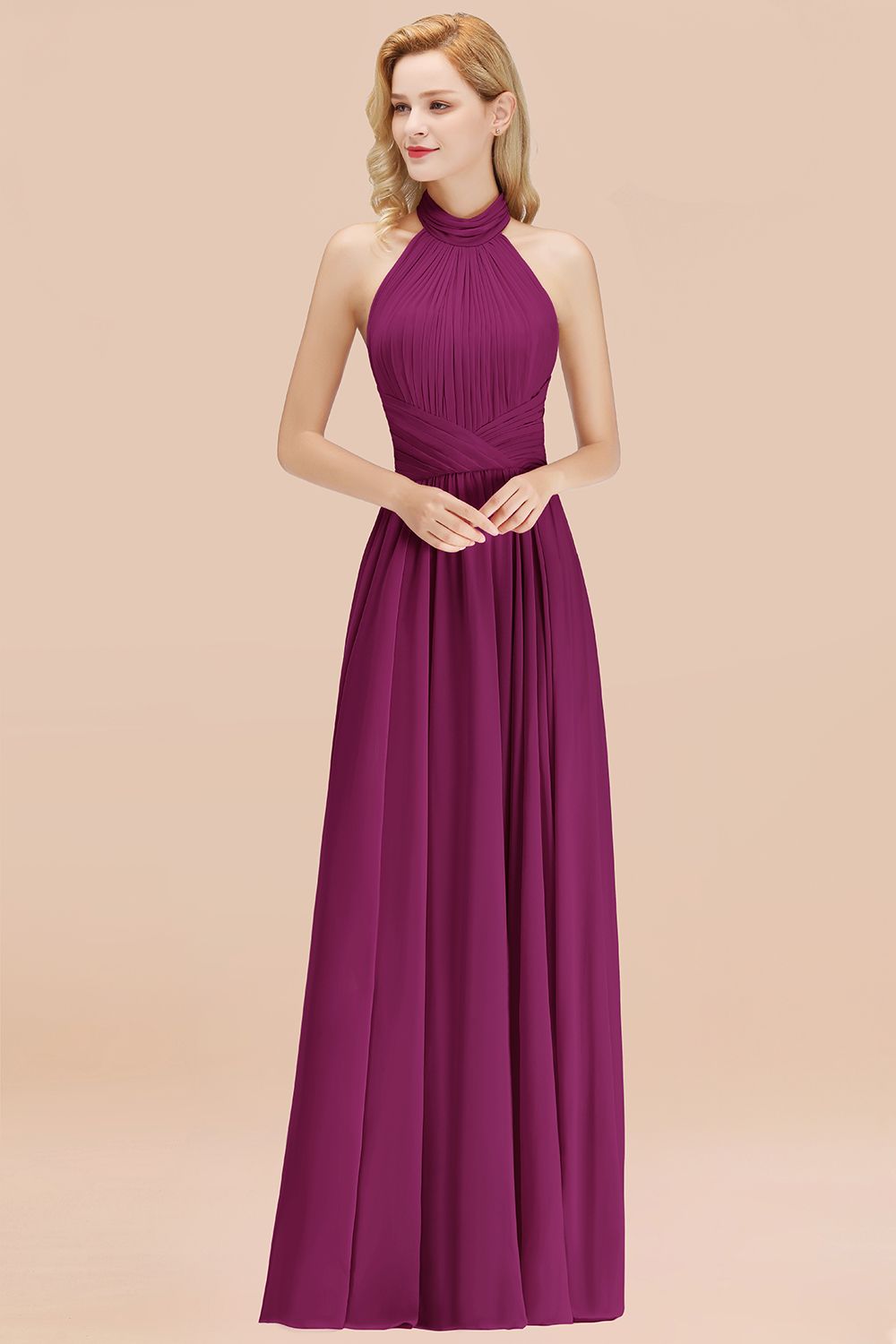 Gorgeous High-Neck Halter Backless Bridesmaid Dress Dusty Rose Chiffon Maid of Honor Dress-Babyonlines