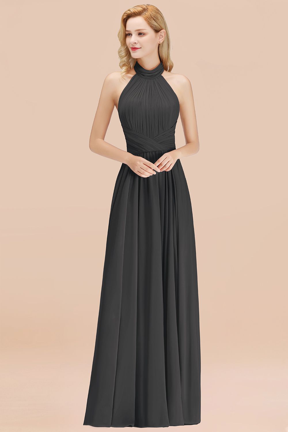 Gorgeous High-Neck Halter Backless Bridesmaid Dress Dusty Rose Chiffon Maid of Honor Dress-Babyonlines