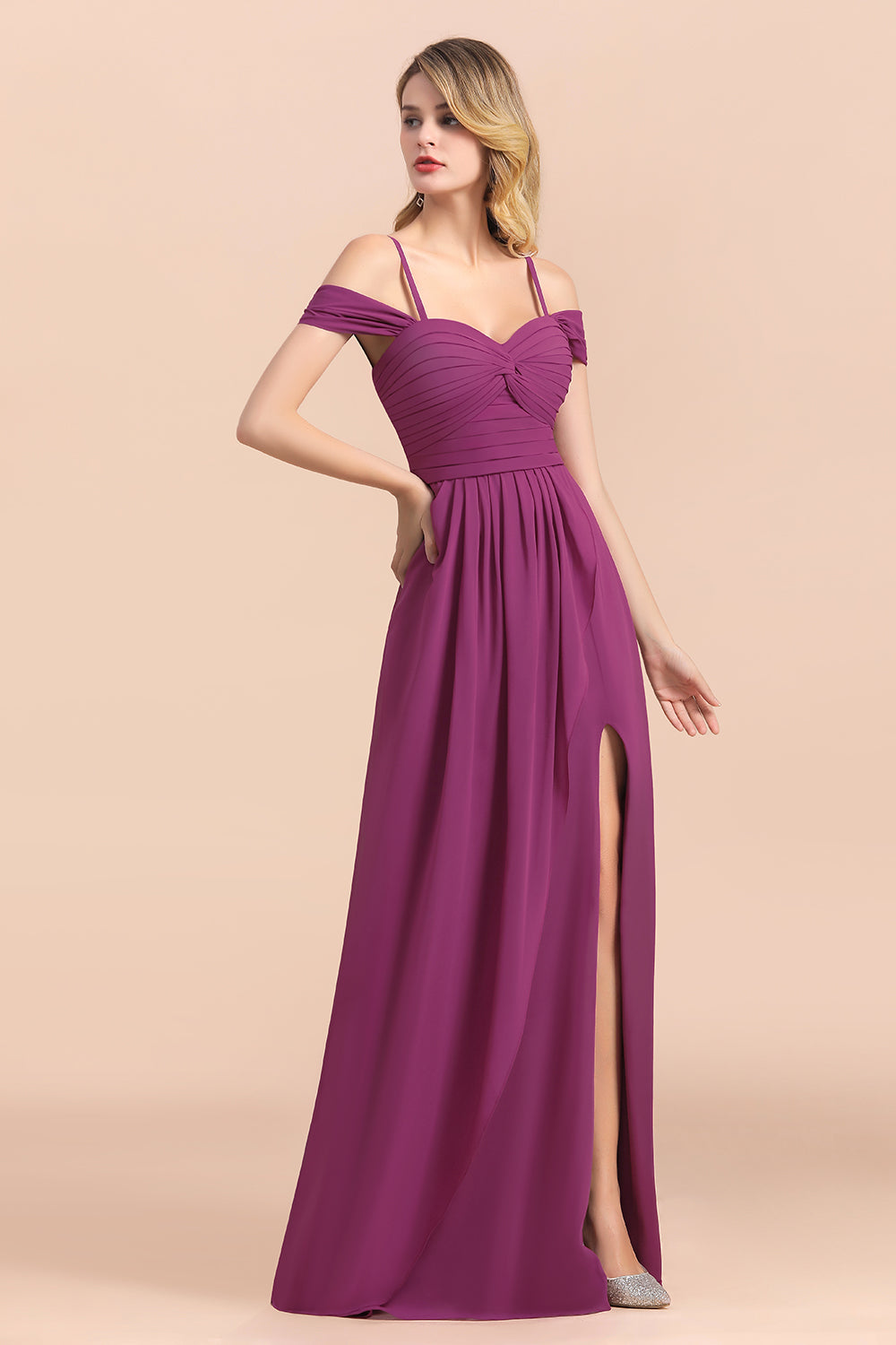 Gorgeous Off-the-Shoulder Ruffle Orchid Bridesmaid Dress Online with Slit-Babyonlines