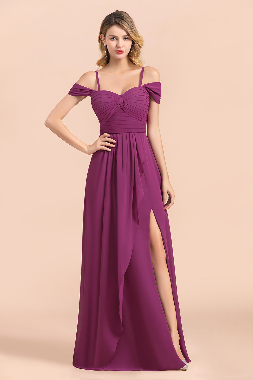 Gorgeous Off-the-Shoulder Ruffle Orchid Bridesmaid Dress Online with Slit-Babyonlines