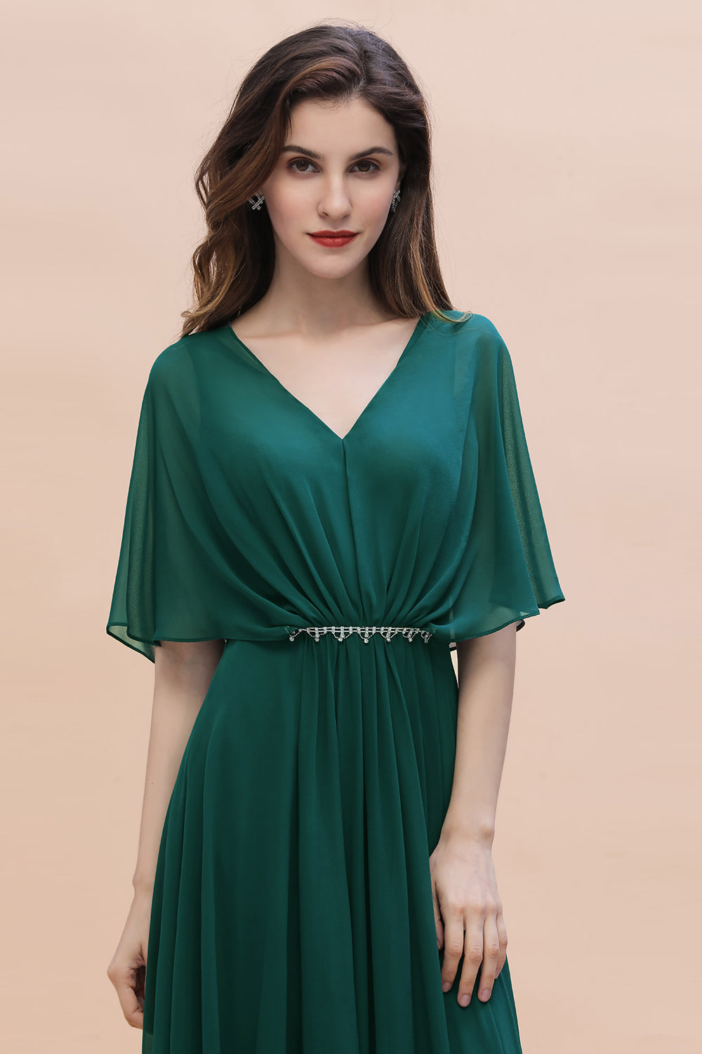 Gorgeous V-Neck Chiffon Ruffles Beading Bridesmaid Dress with Half Sleeves-Babyonlines