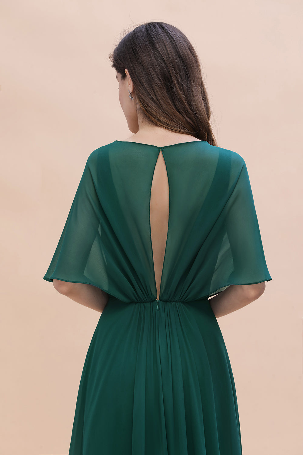 Gorgeous V-Neck Chiffon Ruffles Beading Bridesmaid Dress with Half Sleeves-Babyonlines