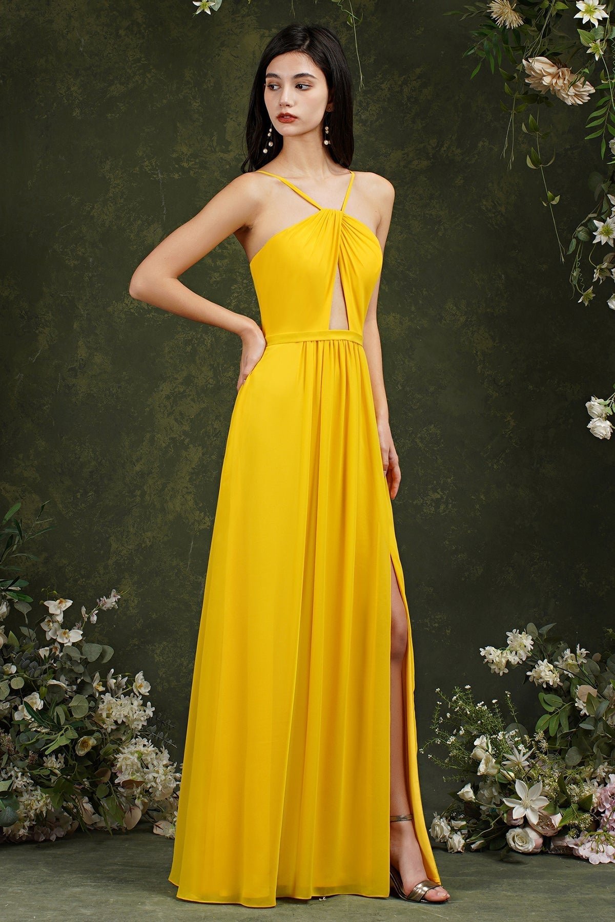 Halter Bridesmaid Dress Long Side Slit-Babyonlines