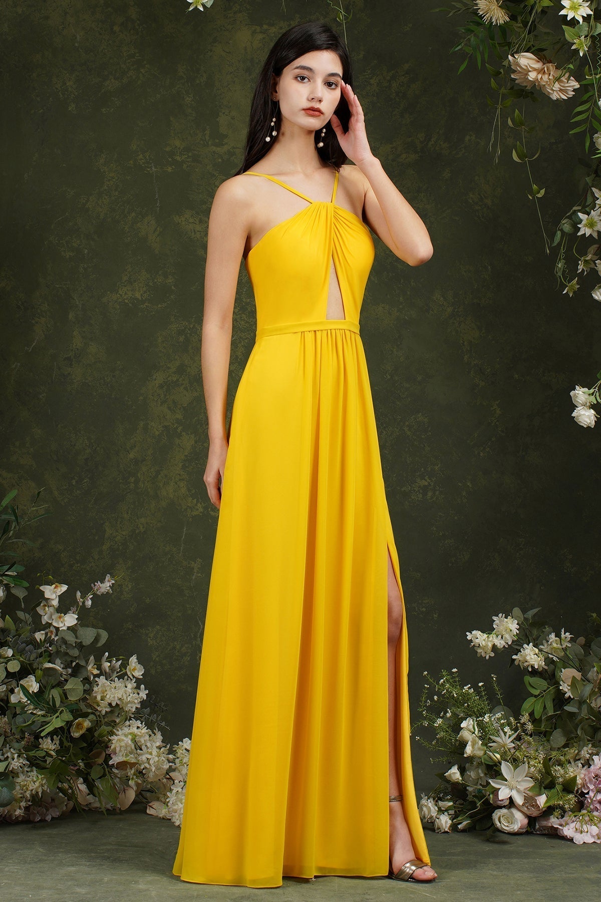 Halter Bridesmaid Dress Long Side Slit-Babyonlines