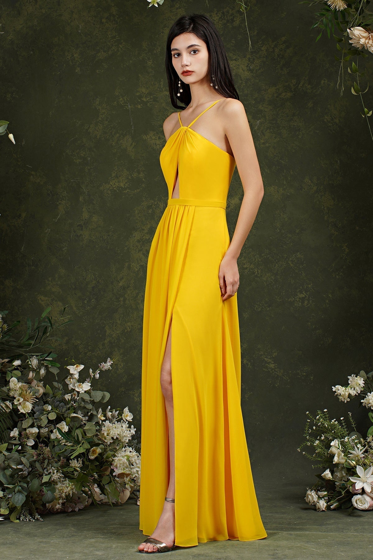 Halter Bridesmaid Dress Long Side Slit-Babyonlines