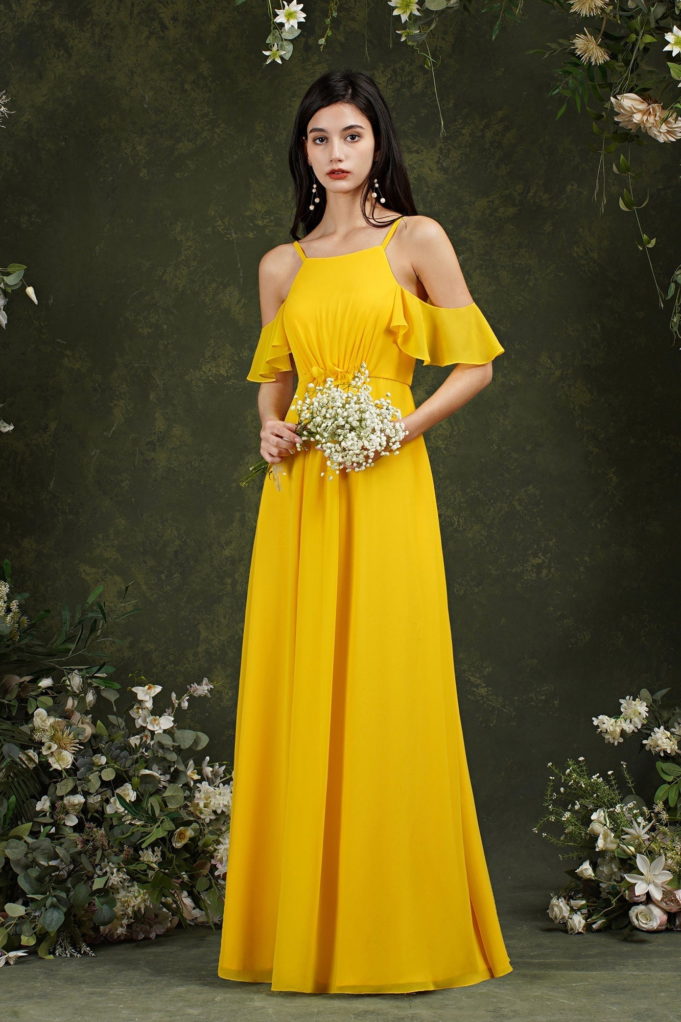 Halter Chiffon Bridesmaid Dress Long WIth Ruffle-Babyonlines