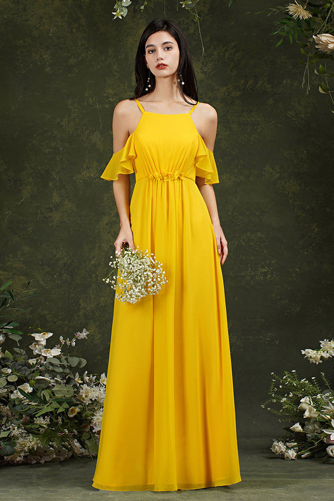 Halter Chiffon Bridesmaid Dress Long WIth Ruffle-Babyonlines