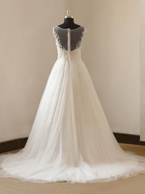 Illusion Tulle Ball Gown With Appliques Lace - Sweep Train Wedding Dresses