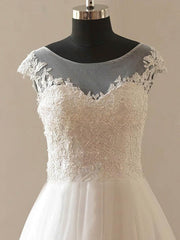 Illusion Tulle Ball Gown With Appliques Lace - Sweep Train Wedding Dresses