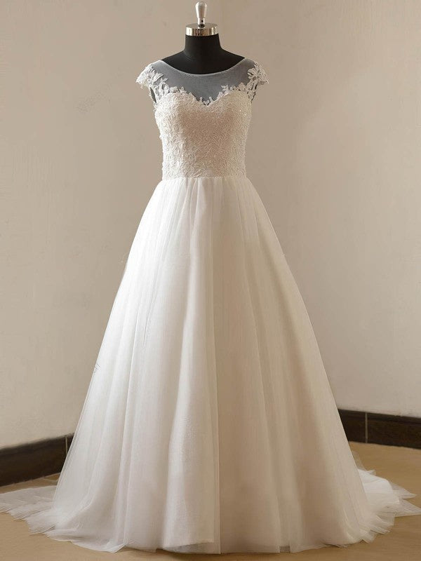 Illusion Tulle Ball Gown With Appliques Lace - Sweep Train Wedding Dresses