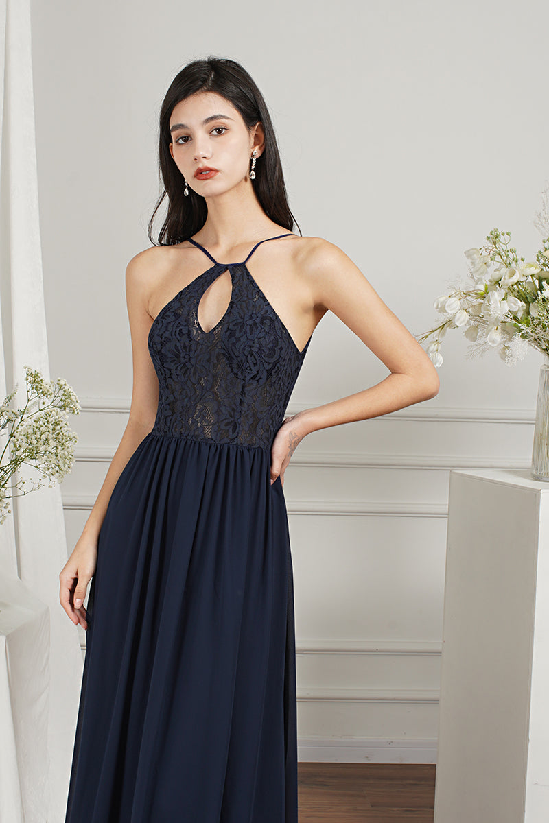 Long A-line Keyhole Neckline Lace Spaghetti Chiffon Bridesmaid Dresses-Babyonlines