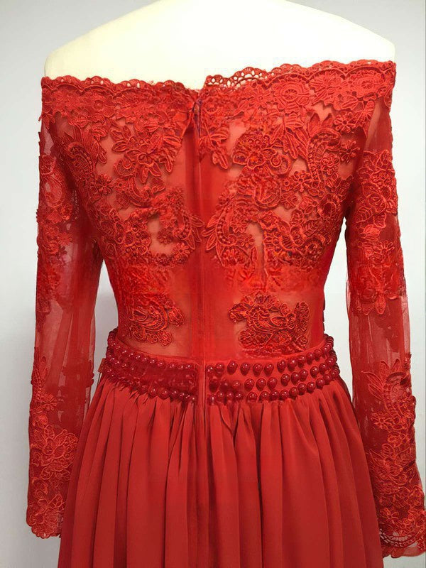 Look Stunning in A-line Off-the-shoulder Chiffon Floor-length Appliques Lace Prom Dresses