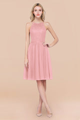 Lovely Burgundy Lace Short Bridesmaid Dress With Spaghetti-Straps-Babyonlines