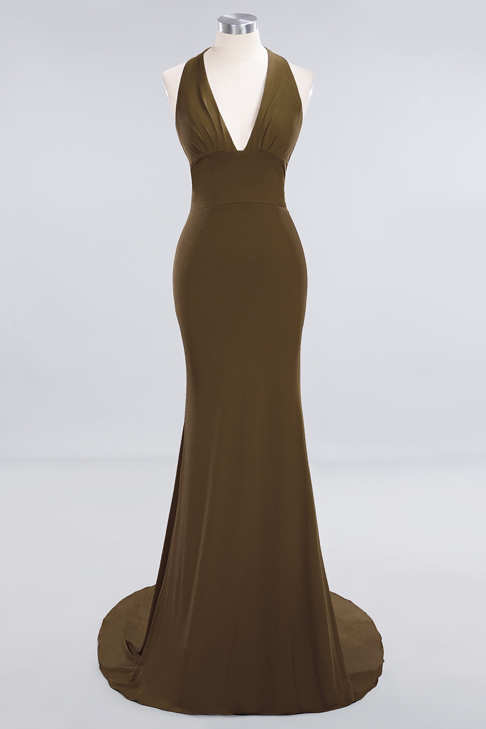 Mermaid Halter V-Neck Dark Green Chiffon Bridesmaid Dress with Open Back-Babyonlines