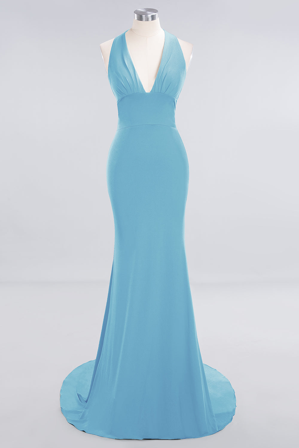Mermaid Halter V-Neck Dark Green Chiffon Bridesmaid Dress with Open Back-Babyonlines
