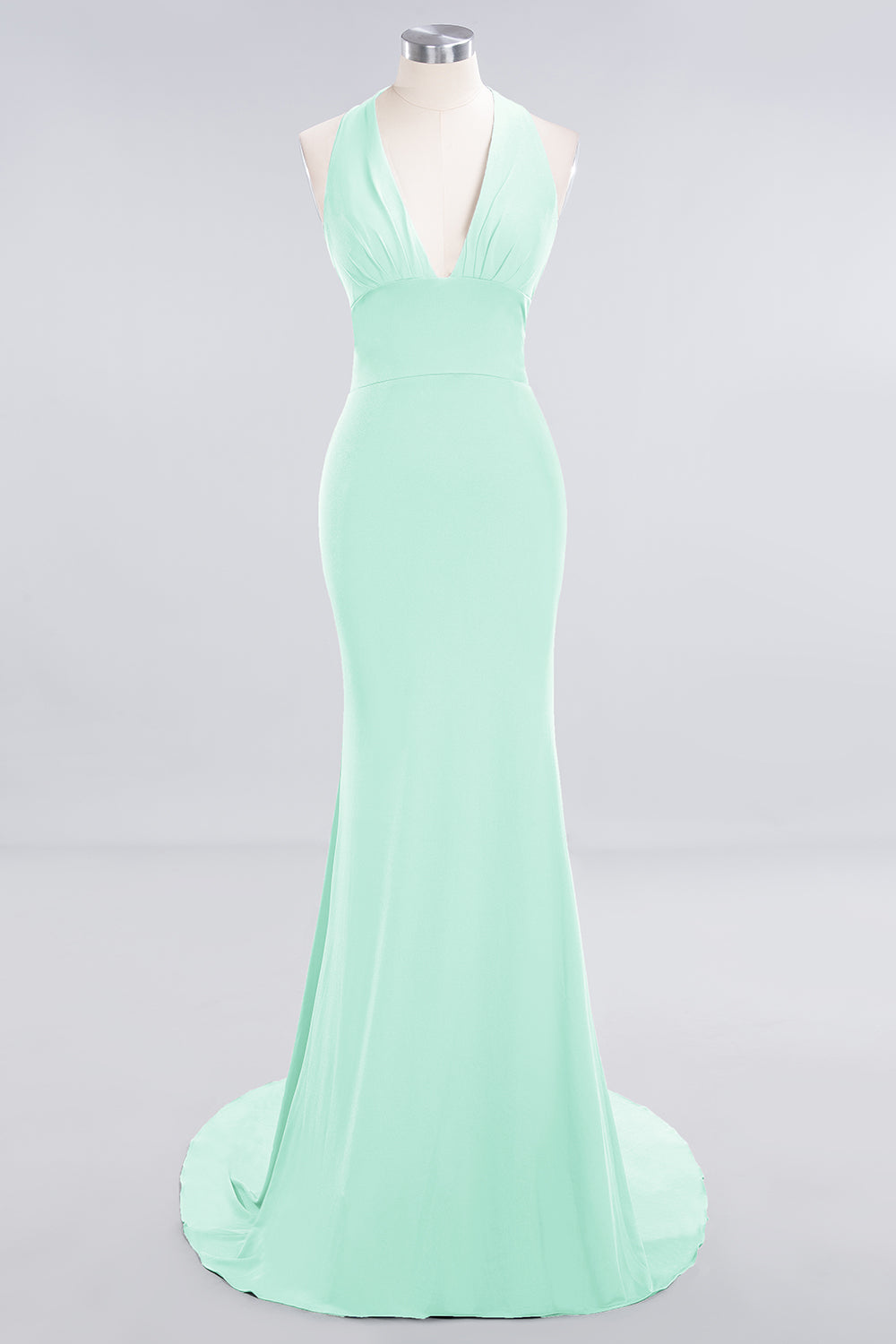 Mermaid Halter V-Neck Dark Green Chiffon Bridesmaid Dress with Open Back-Babyonlines