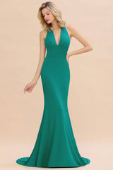 Mermaid Halter V-Neck Dark Green Chiffon Bridesmaid Dress with Open Back-Babyonlines