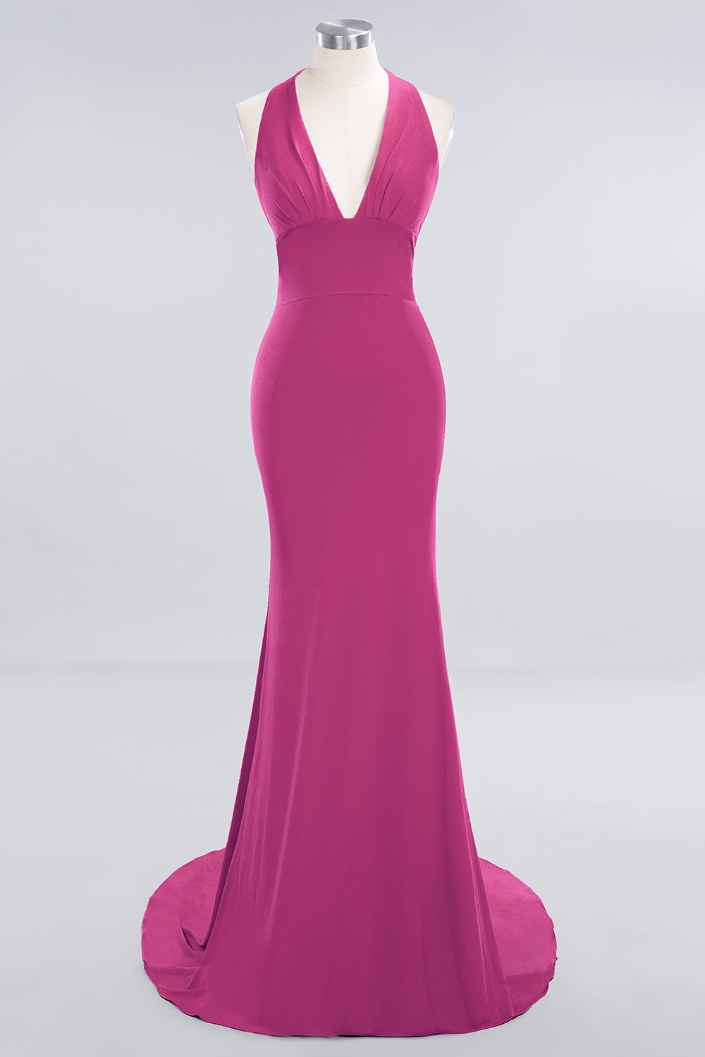 Mermaid Halter V-Neck Dark Green Chiffon Bridesmaid Dress with Open Back-Babyonlines