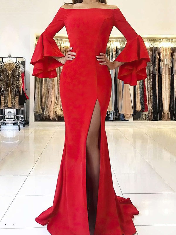 Mermaid Off-the-shoulder Prom Dress with Split Front and Jersey Sweep Train