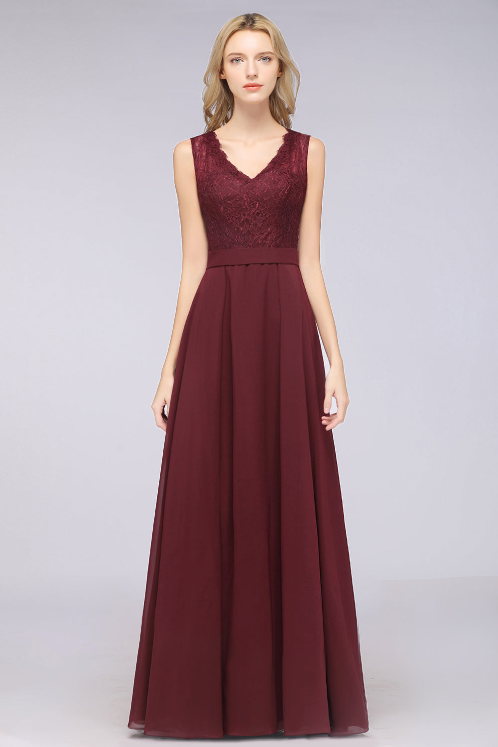 Modest Chiffon V-Neck Burgundy Lace Bridesmaid Dresses Online-Babyonlines