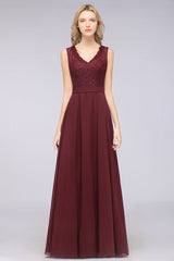 Modest Chiffon V-Neck Burgundy Lace Bridesmaid Dresses Online-Babyonlines