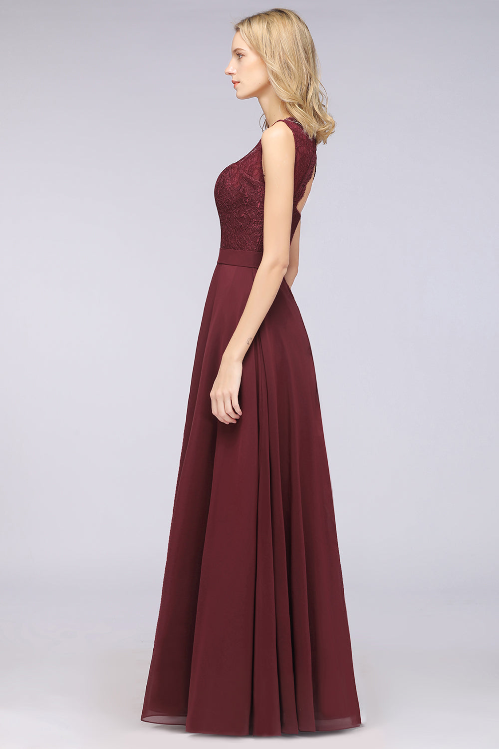 Modest Chiffon V-Neck Burgundy Lace Bridesmaid Dresses Online-Babyonlines