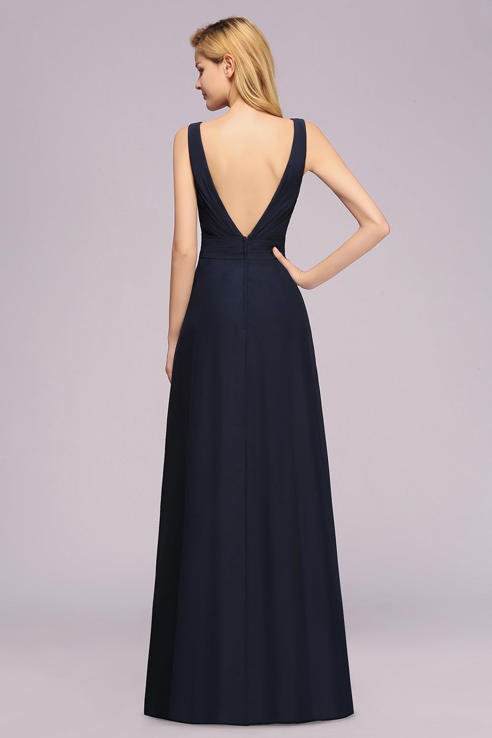 Modest Chiffon V-Neck Long Bridesmaid Dress Online with Beadings-Babyonlines
