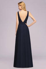 Modest Chiffon V-Neck Long Bridesmaid Dress Online with Beadings-Babyonlines